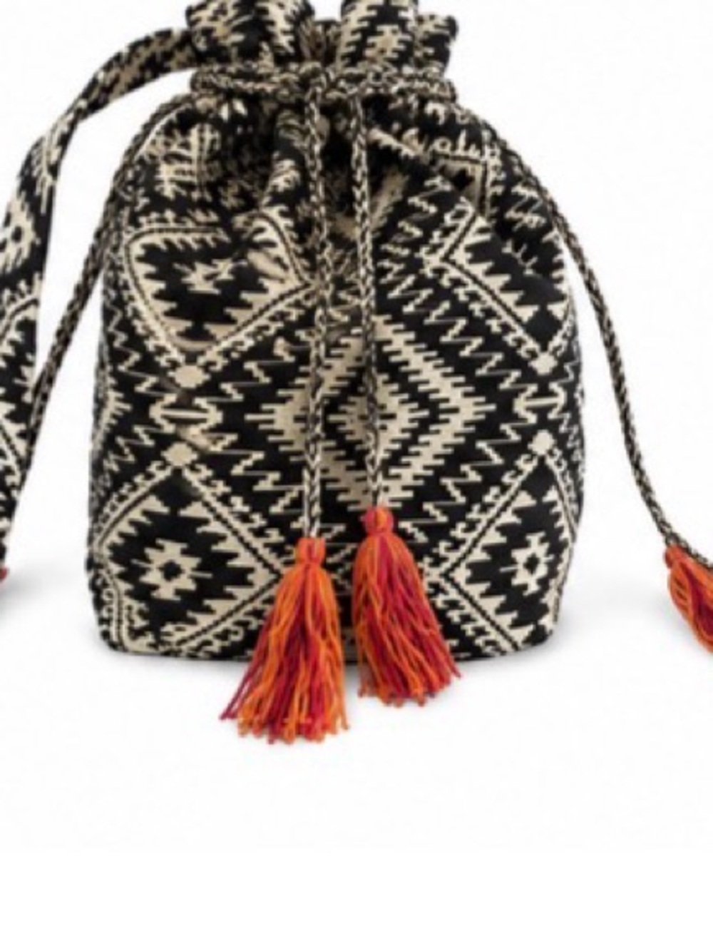 Boho Geometric Black & Cream Woven Drawstring Crossbody Bag with Orange Tassels - Picture 2 of 3